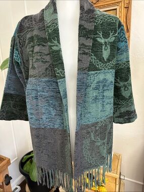 Calzeat tapestry Open-Front Green & Teal Shawl Cardigan with Fringe